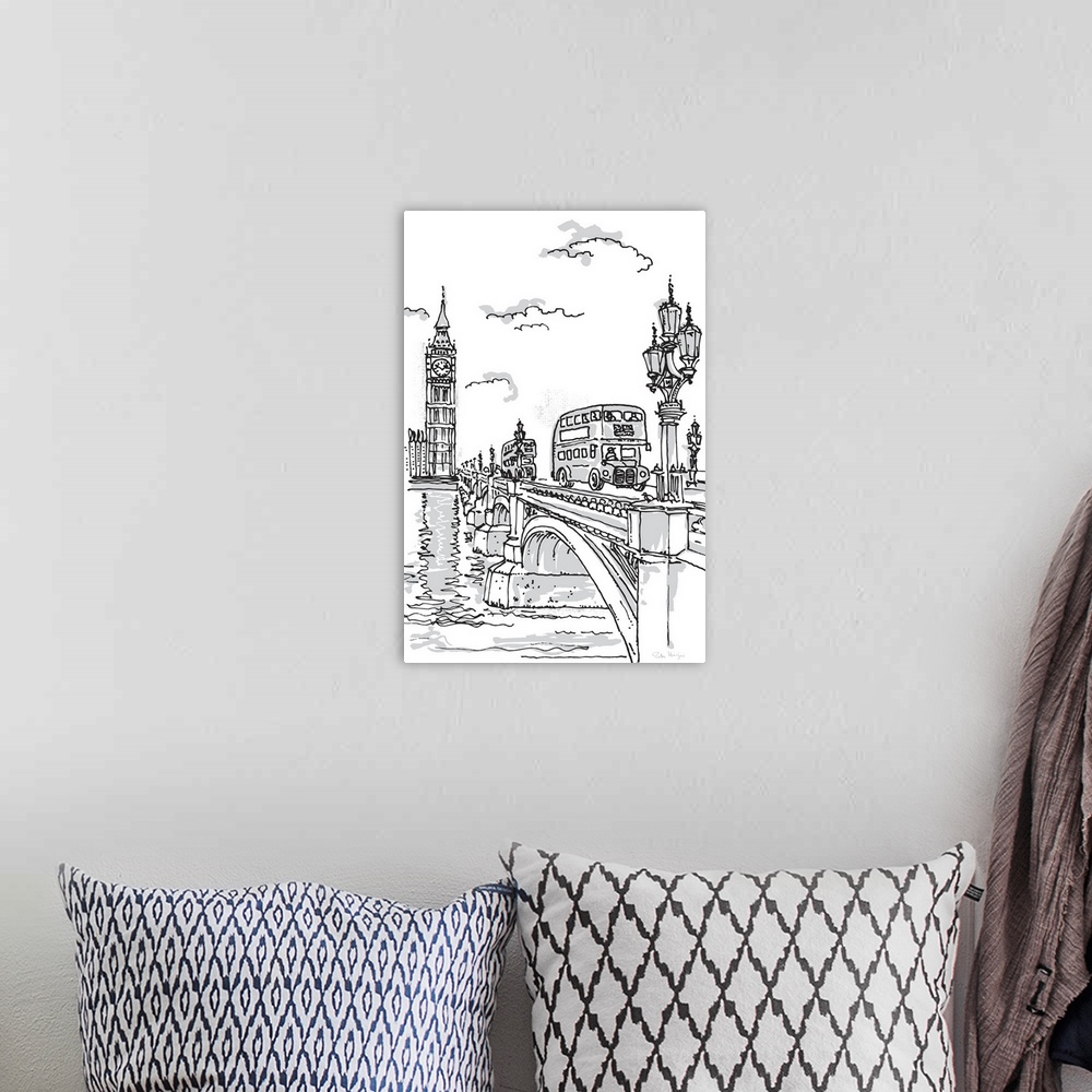 A bohemian room featuring Pen and ink illustration of a London double-decker bus going over the Westminister Bridge with Bi...