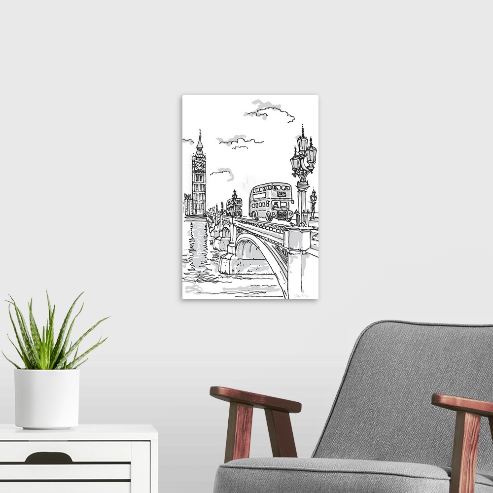 A modern room featuring Pen and ink illustration of a London double-decker bus going over the Westminister Bridge with Bi...