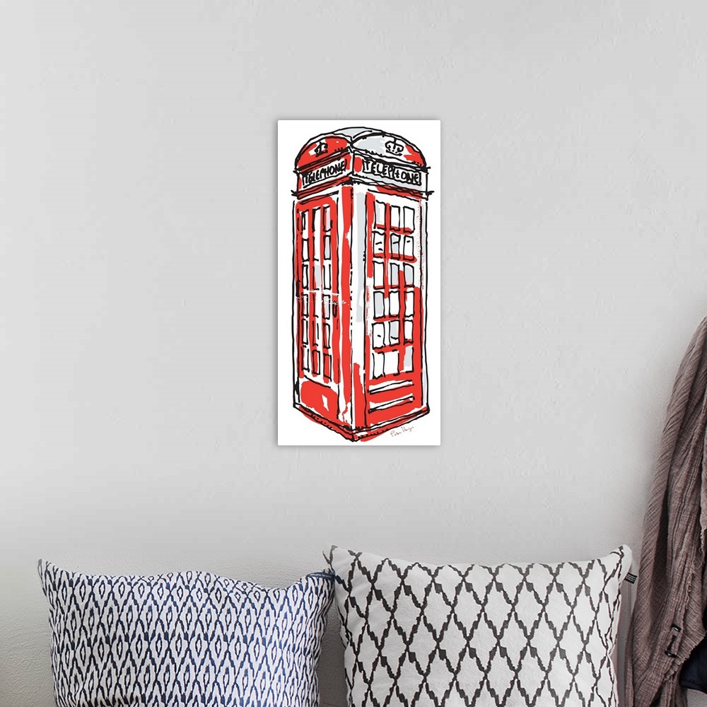 A bohemian room featuring A simple pen and ink line drawing of an old red London phone booth.