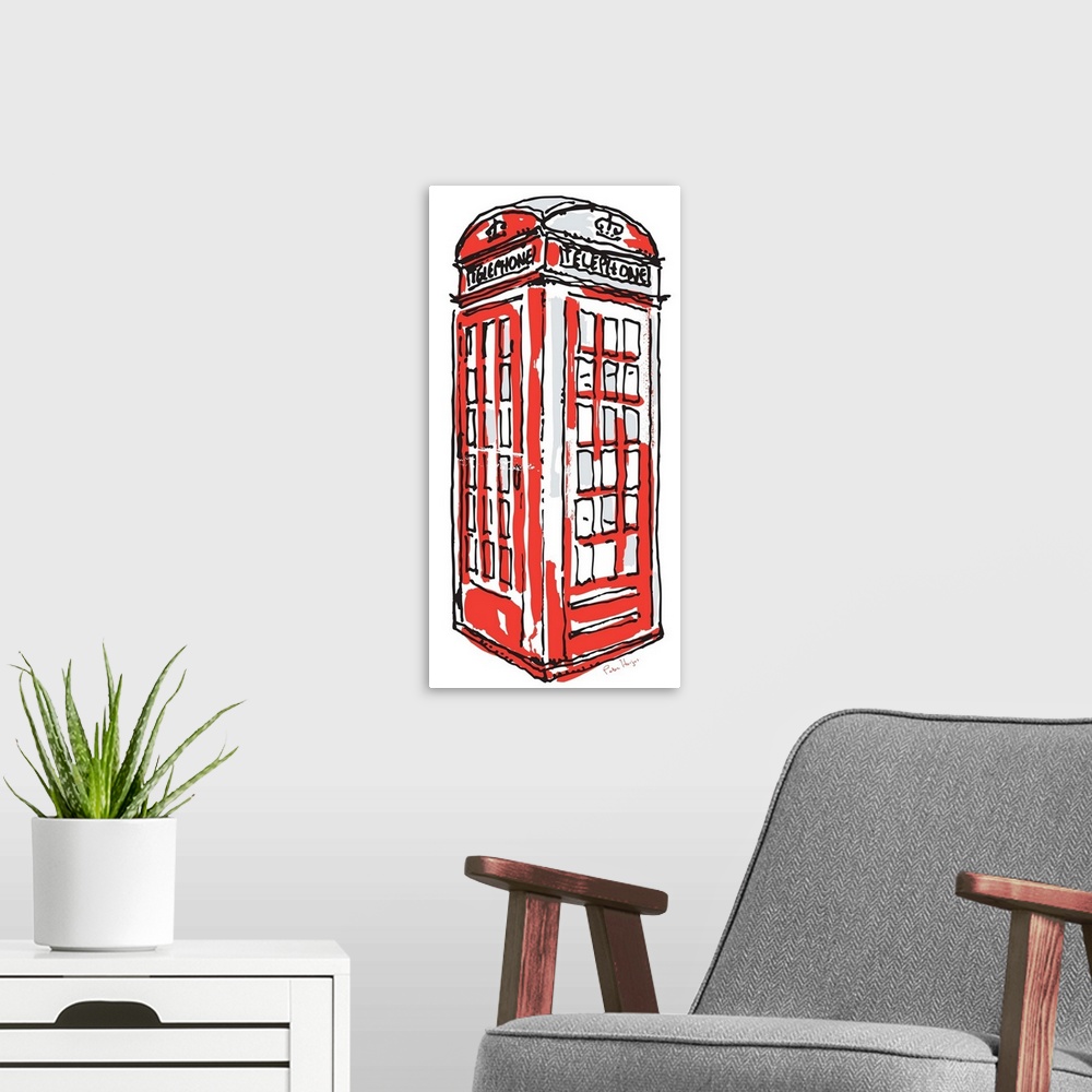 A modern room featuring A simple pen and ink line drawing of an old red London phone booth.