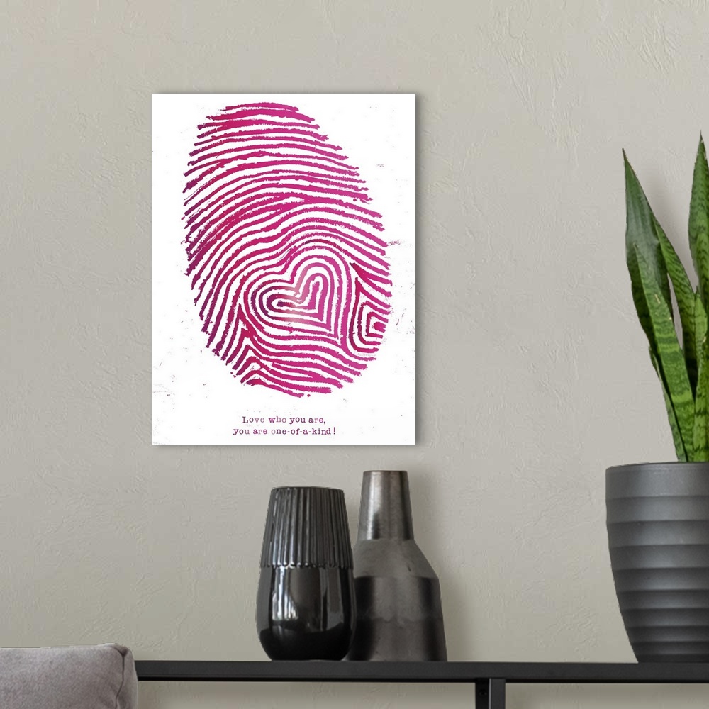 A modern room featuring Large pink fingerprint with heart in the middle.