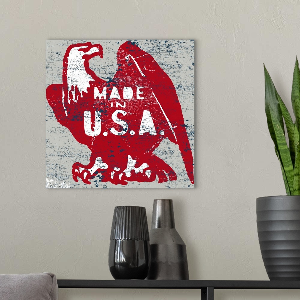 A modern room featuring Distressed image of a red American eagle with "Made in the USA" typography on a white and rust ba...