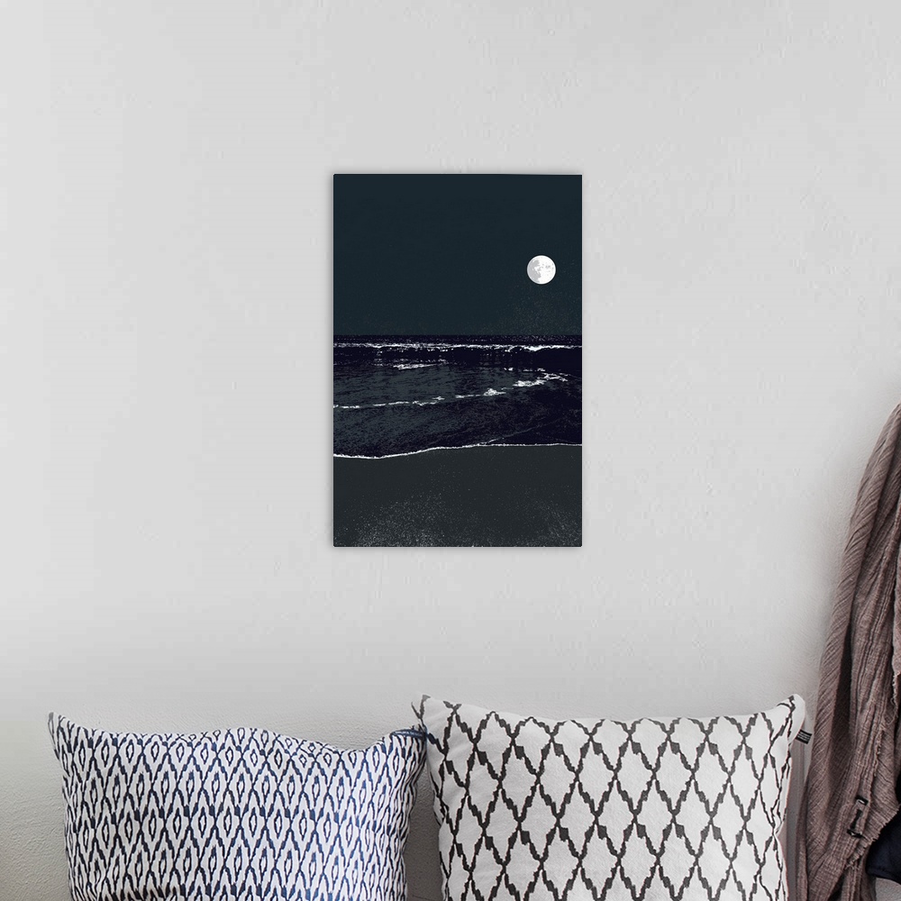 A bohemian room featuring A high contrast graphic image of a nighttime full moonrise over a calm ocean.