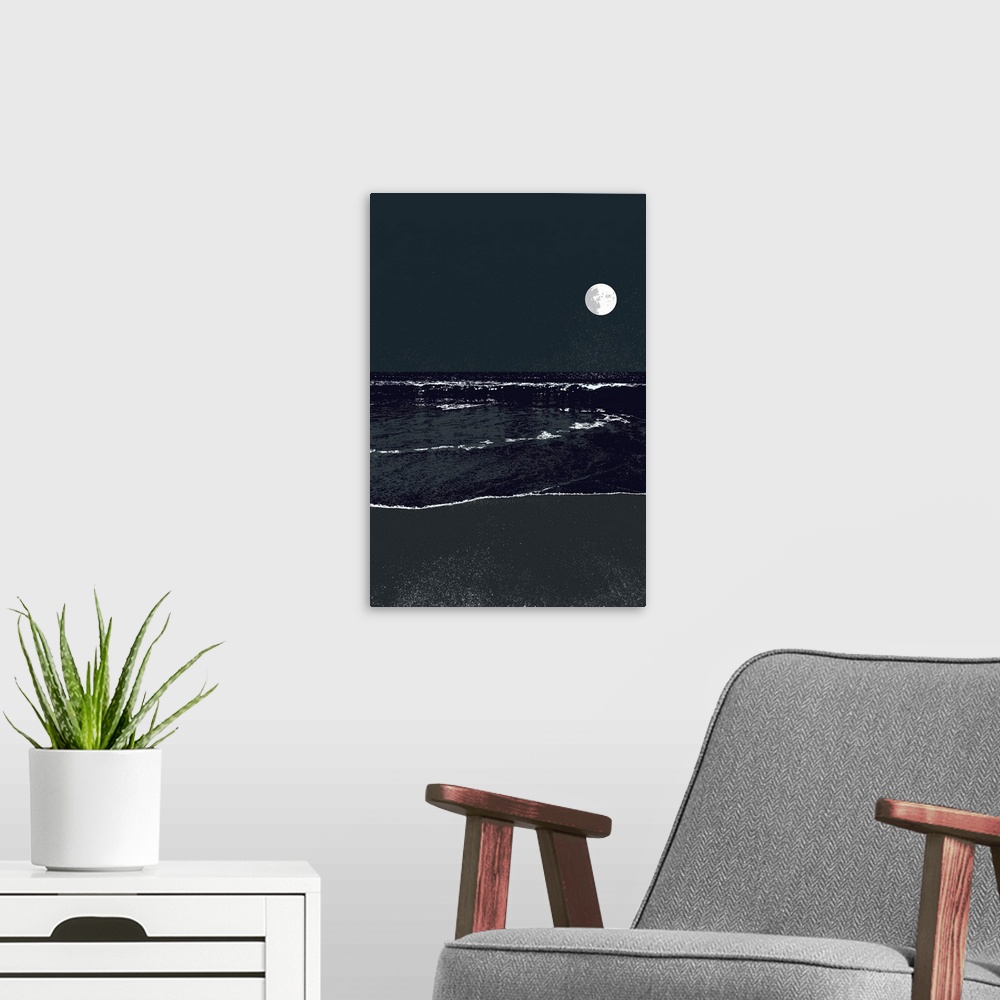 A modern room featuring A high contrast graphic image of a nighttime full moonrise over a calm ocean.