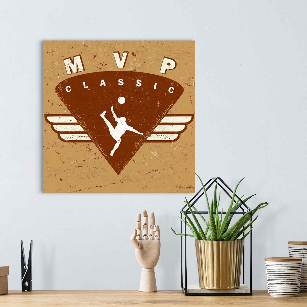 A bohemian room featuring Distressed  soccer logo of soccer player kicking soccer ball with the words MVP Classic.