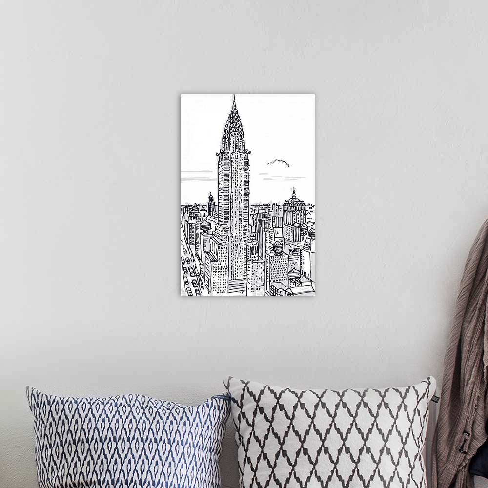 A bohemian room featuring Pen and ink illustration of the skyline of New York City with the Chrysler Building in the foregr...