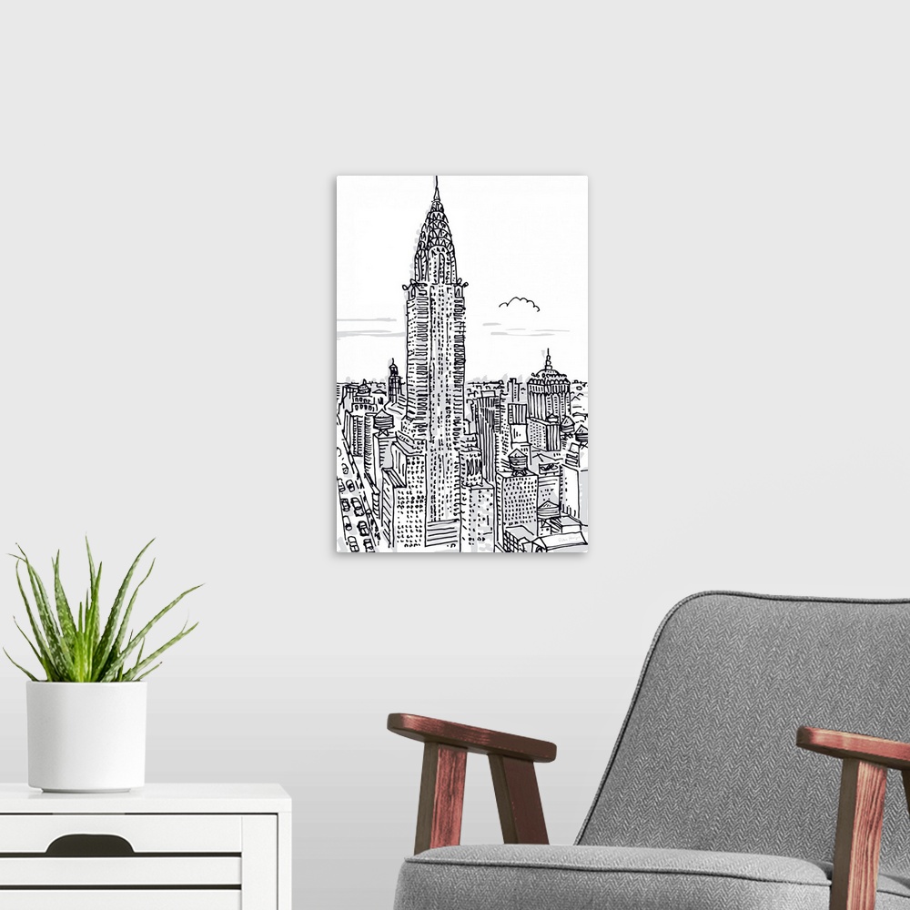 A modern room featuring Pen and ink illustration of the skyline of New York City with the Chrysler Building in the foregr...