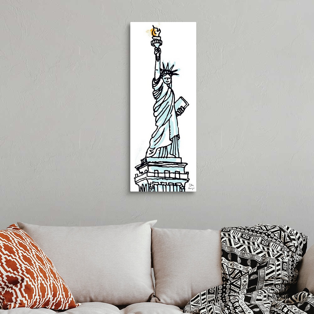 A bohemian room featuring Pen and ink illustration with spot color of the Statue of Liberty in New York City.