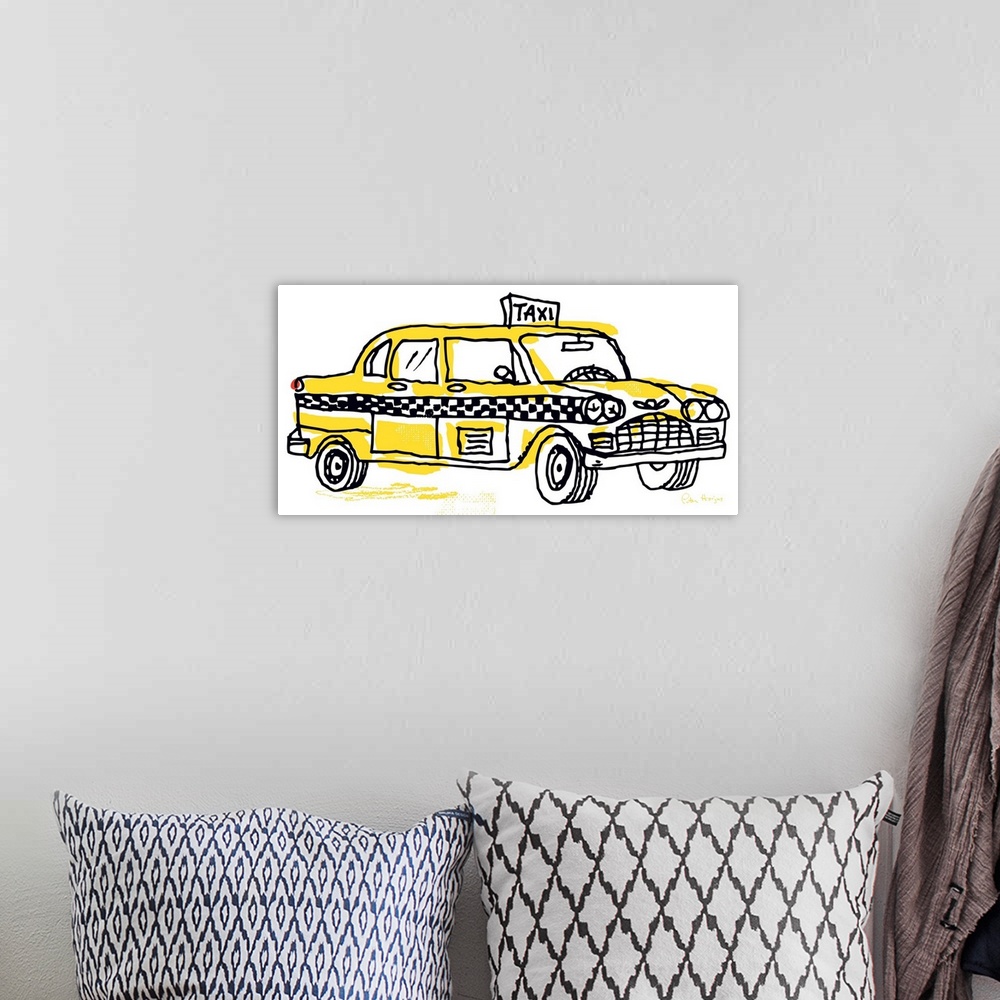 A bohemian room featuring Pen and ink illustration of a yellow vintage New York taxi cab.