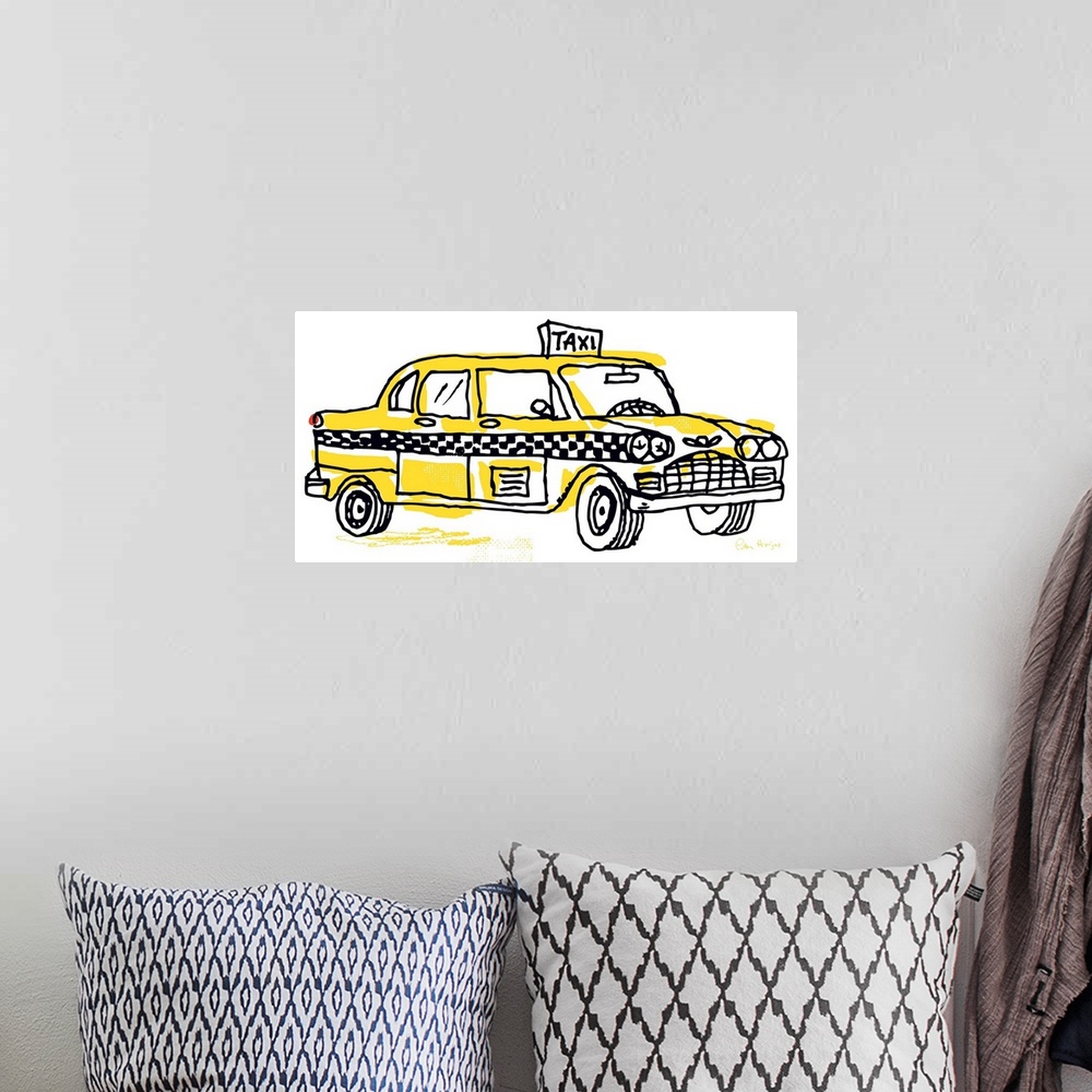 A bohemian room featuring Pen and ink illustration of a yellow vintage New York taxi cab.