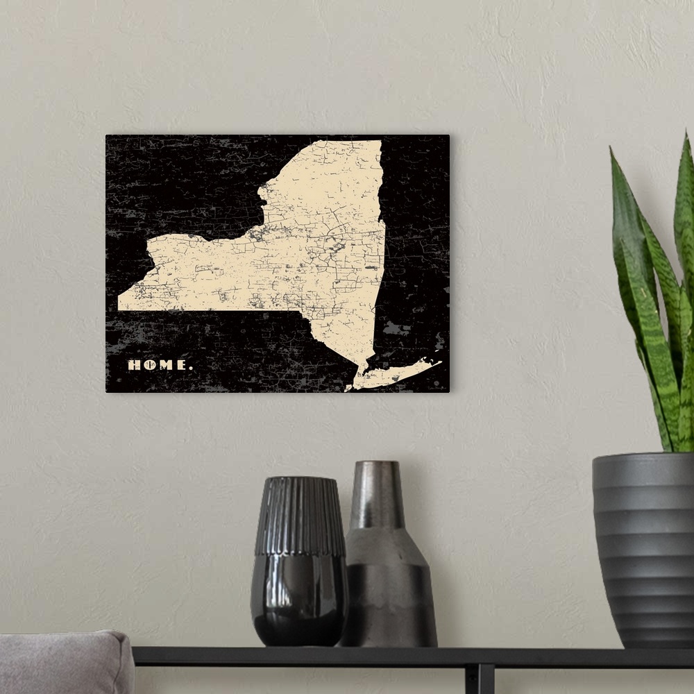 A modern room featuring Distressed wall art graphic art of the state of New York with the word home in the lower left cor...