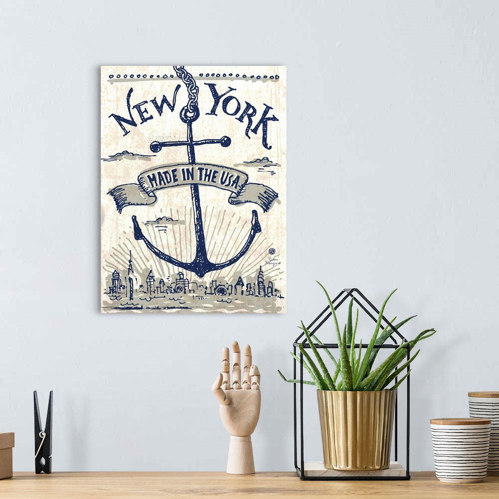 A bohemian room featuring Illustrated vintage, worn artwork of New York City's skyline, with an anchor and a ribbon that sa...