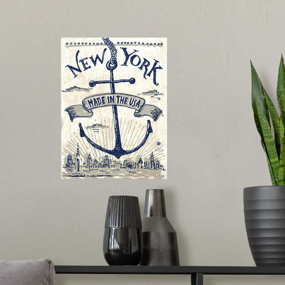 A modern room featuring Illustrated vintage, worn artwork of New York City's skyline, with an anchor and a ribbon that sa...