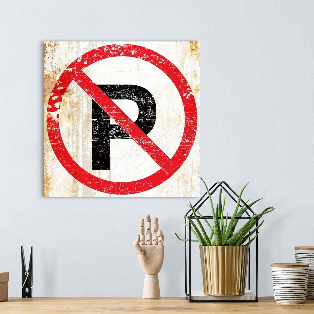 A bohemian room featuring A worn, distressed, cracked and rusty No Parking street sign.