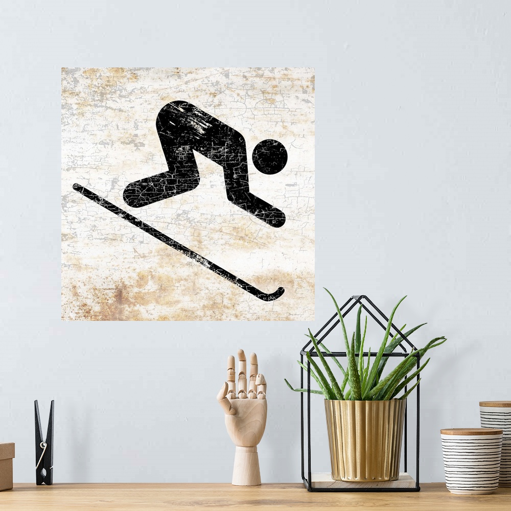 A bohemian room featuring A worn, distressed, cracked and rusty downhill skier sign.