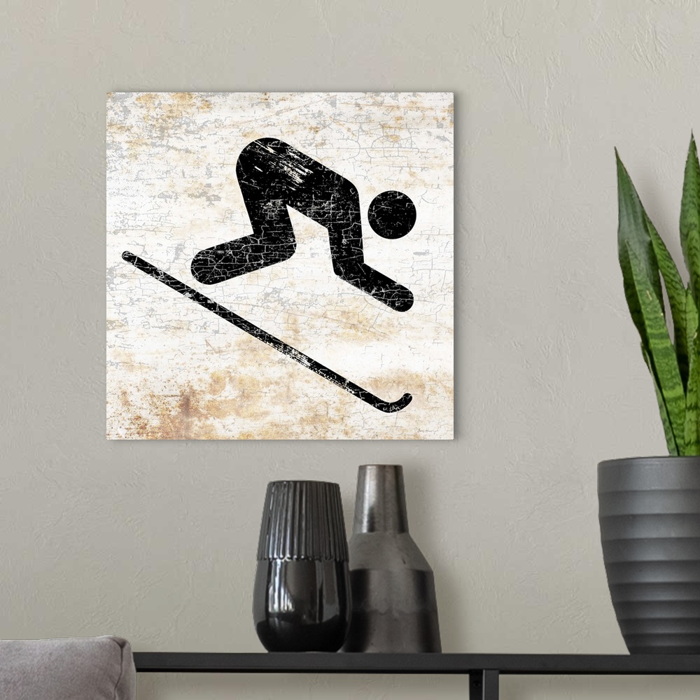 A modern room featuring A worn, distressed, cracked and rusty downhill skier sign.
