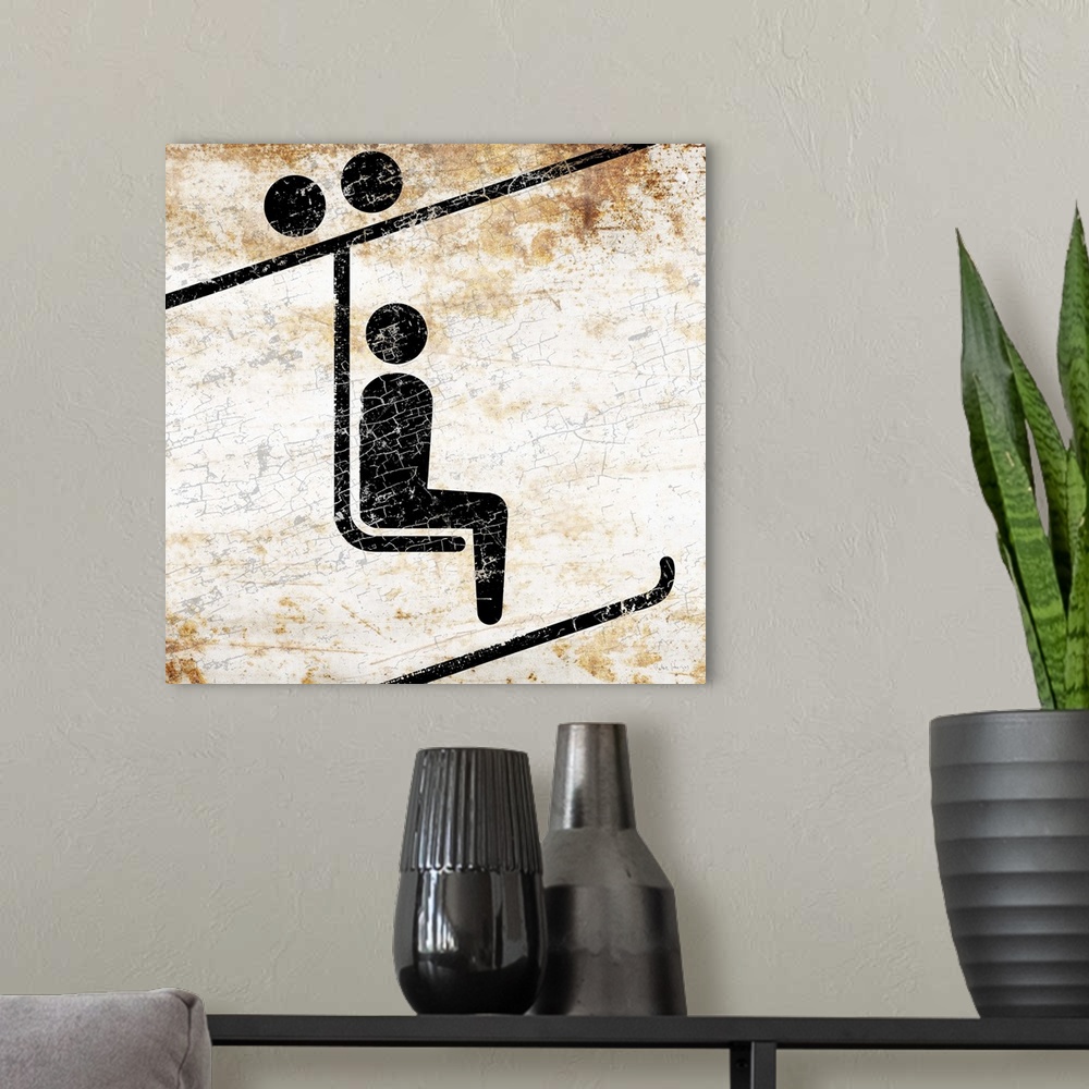 A modern room featuring A worn, distressed, cracked and rusty ski chairlift sign.