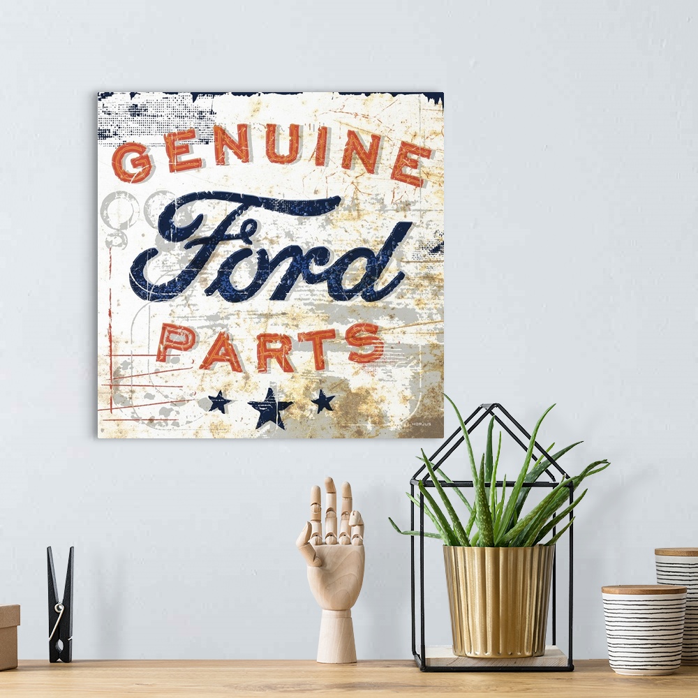 A bohemian room featuring A worn, distressed, cracked and rusty Ford Genuine Parts sign.