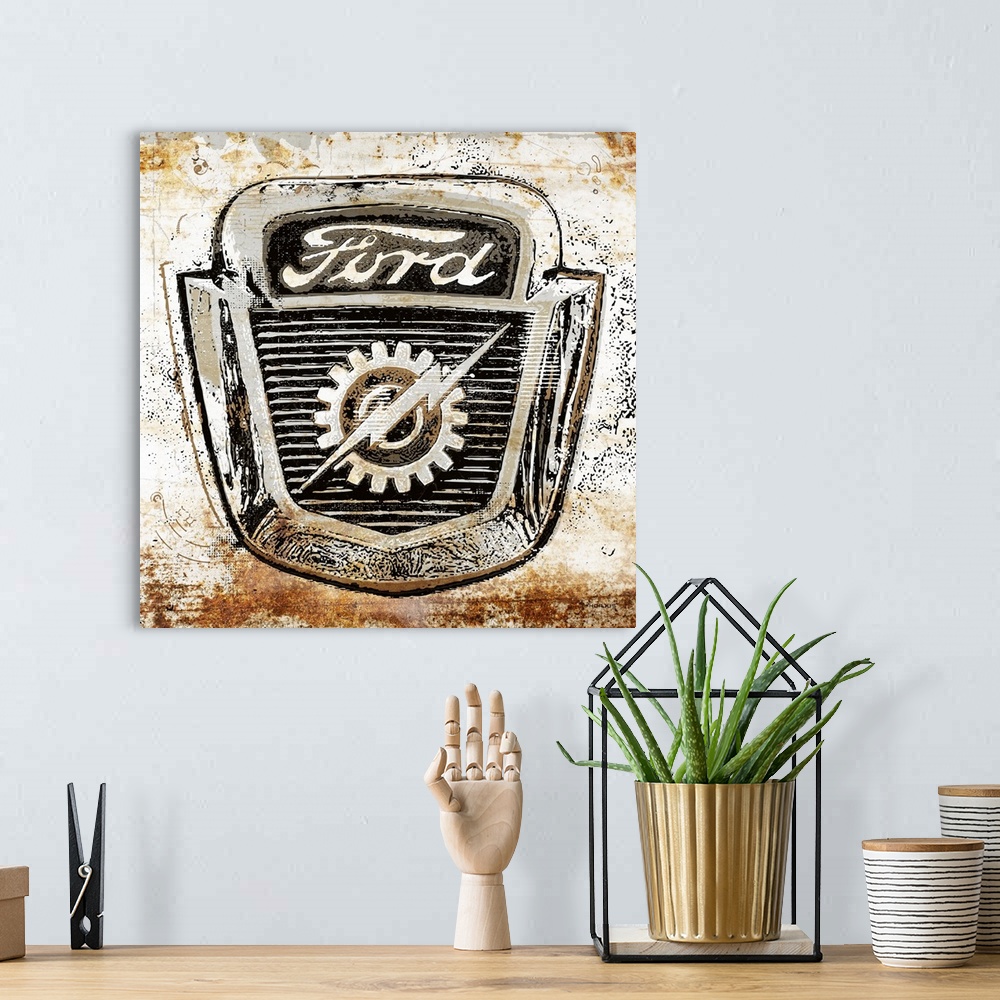 A bohemian room featuring A worn, distressed, cracked and rusty Ford emblem sign on a white background.
