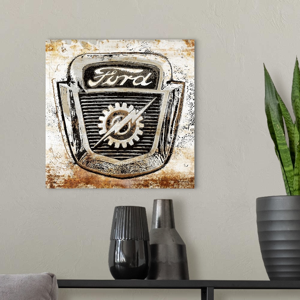 A modern room featuring A worn, distressed, cracked and rusty Ford emblem sign on a white background.