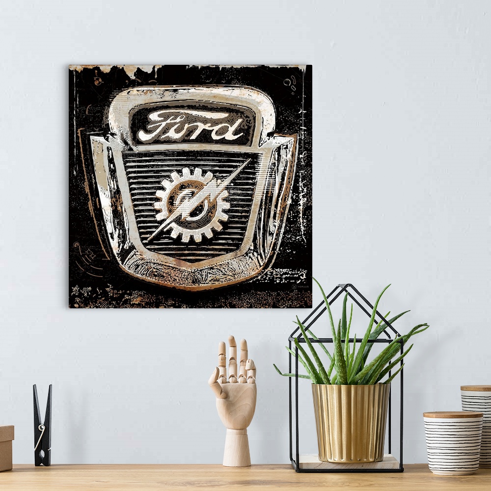 A bohemian room featuring A worn, distressed, cracked and rusty Ford emblem sign on a black background.