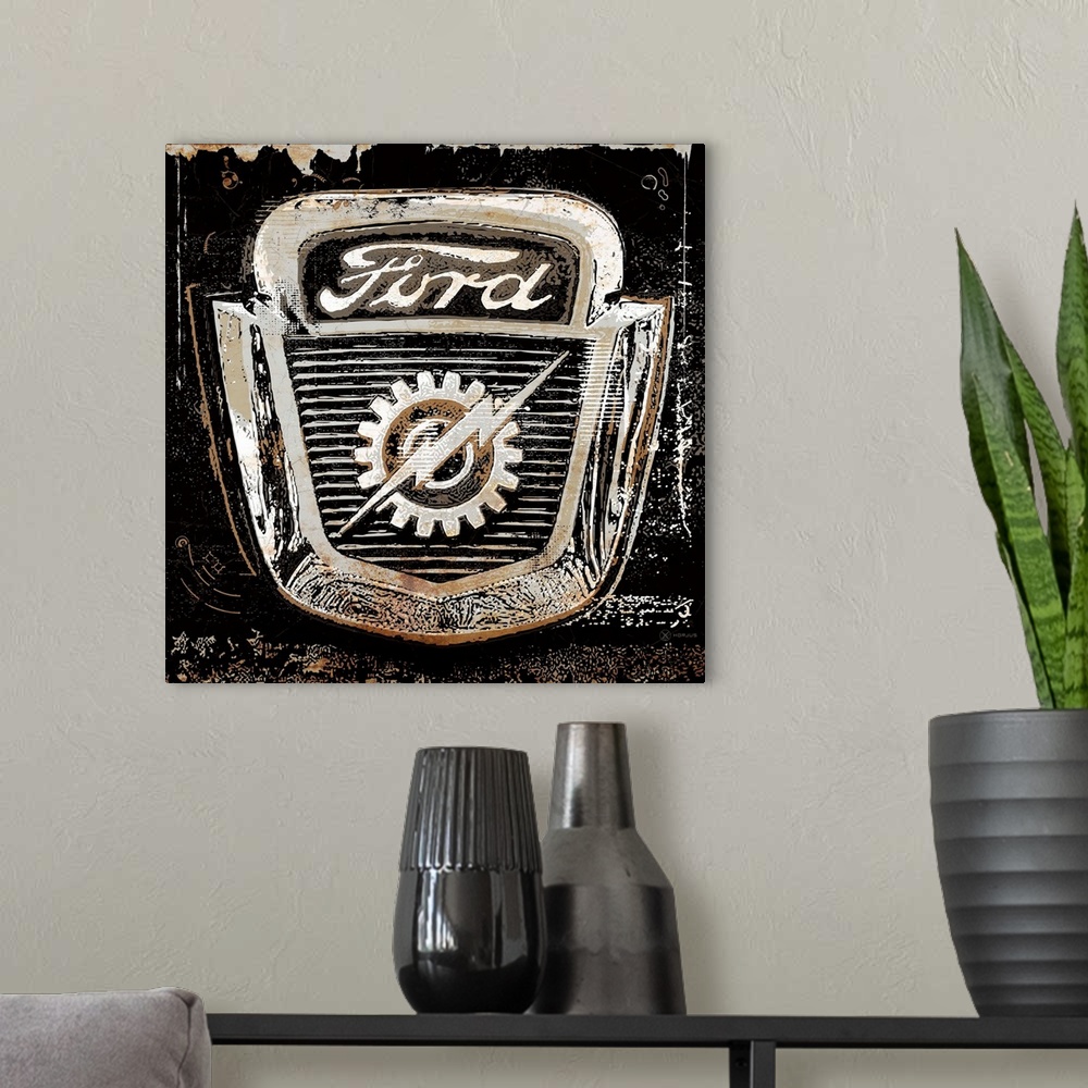 A modern room featuring A worn, distressed, cracked and rusty Ford emblem sign on a black background.