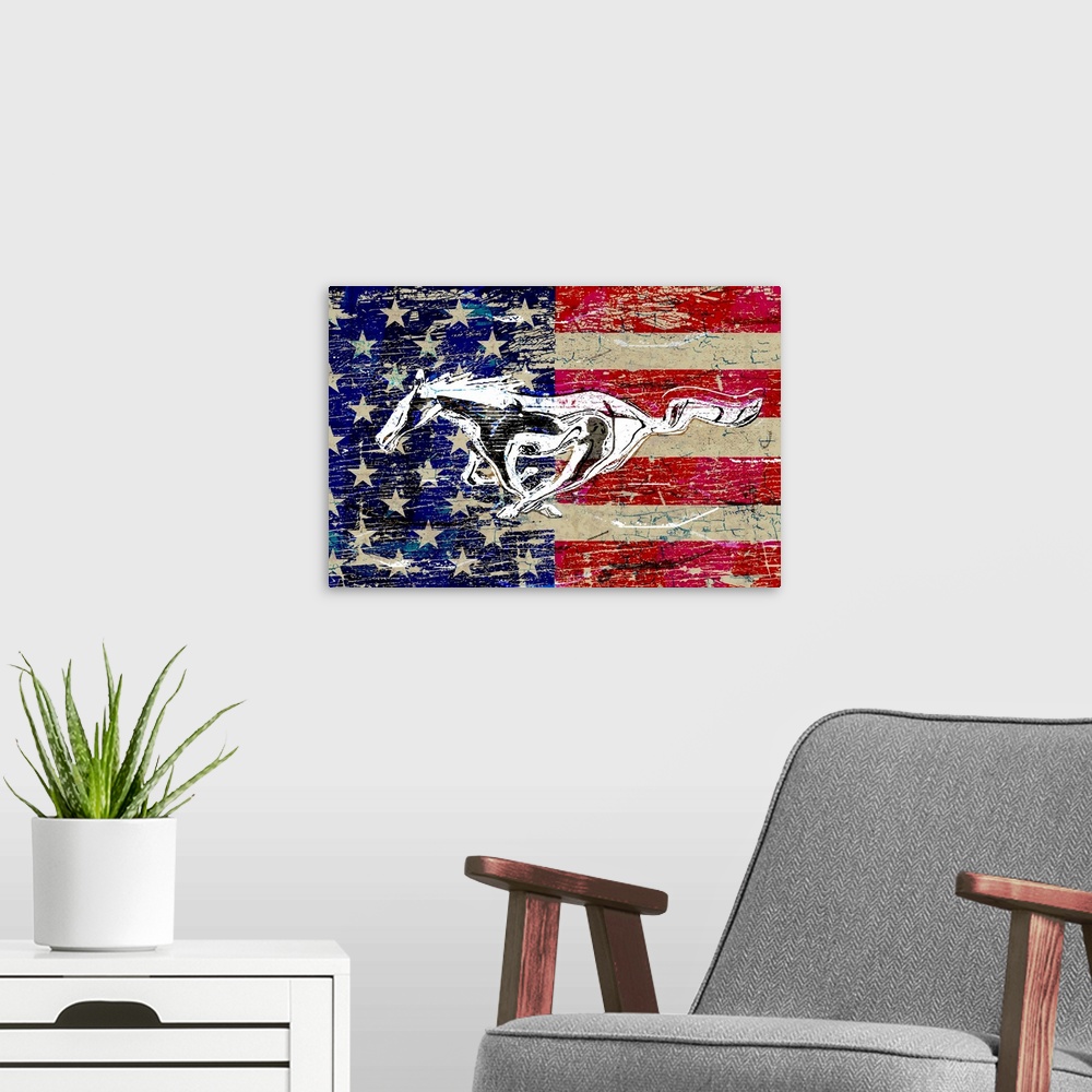 A modern room featuring A worn, distressed, cracked and rusty Ford running horse logo graphic with the American Flag supe...