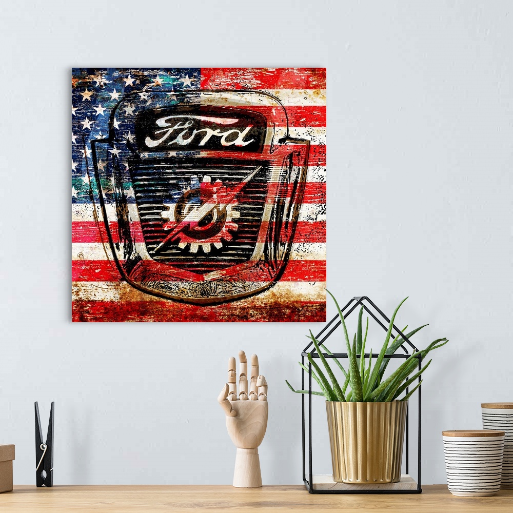 A bohemian room featuring A worn, distressed, cracked and rusty Ford logo with the American flag superimposed.