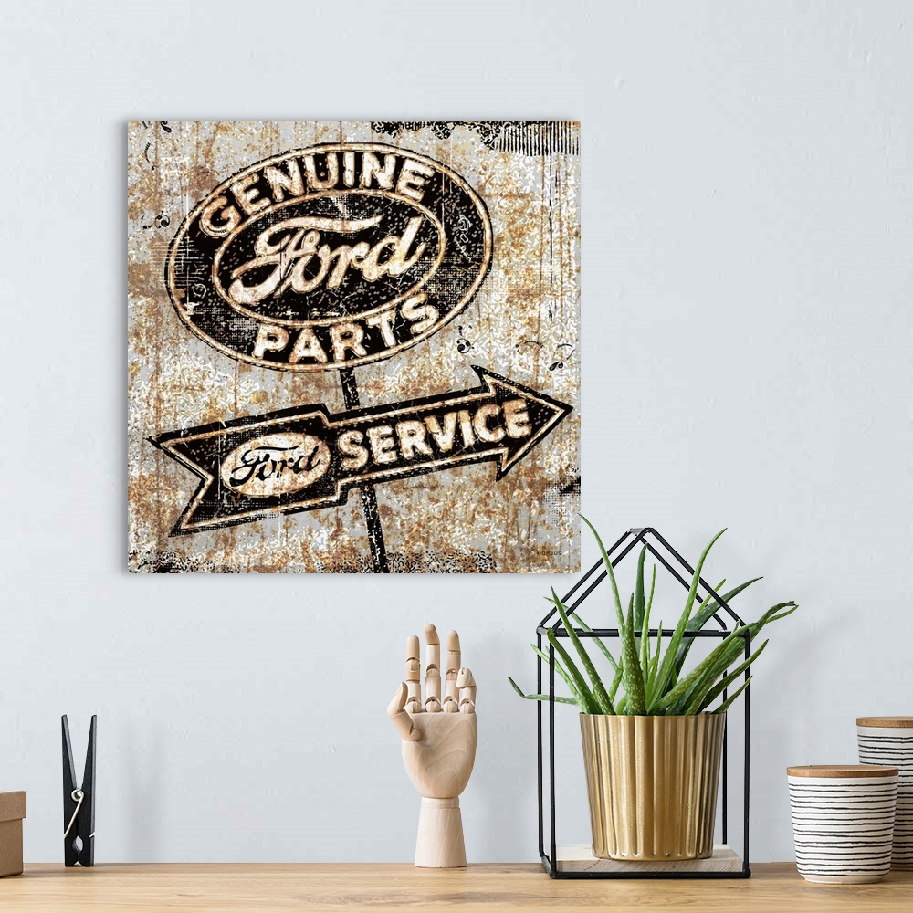A bohemian room featuring A worn, distressed, cracked and rusty Ford Genuine Parts sign.