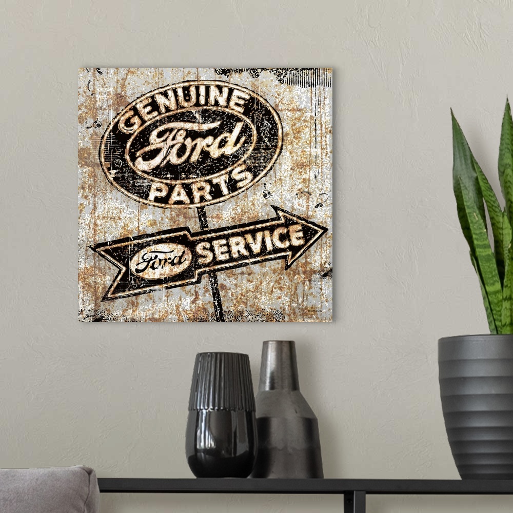 A modern room featuring A worn, distressed, cracked and rusty Ford Genuine Parts sign.