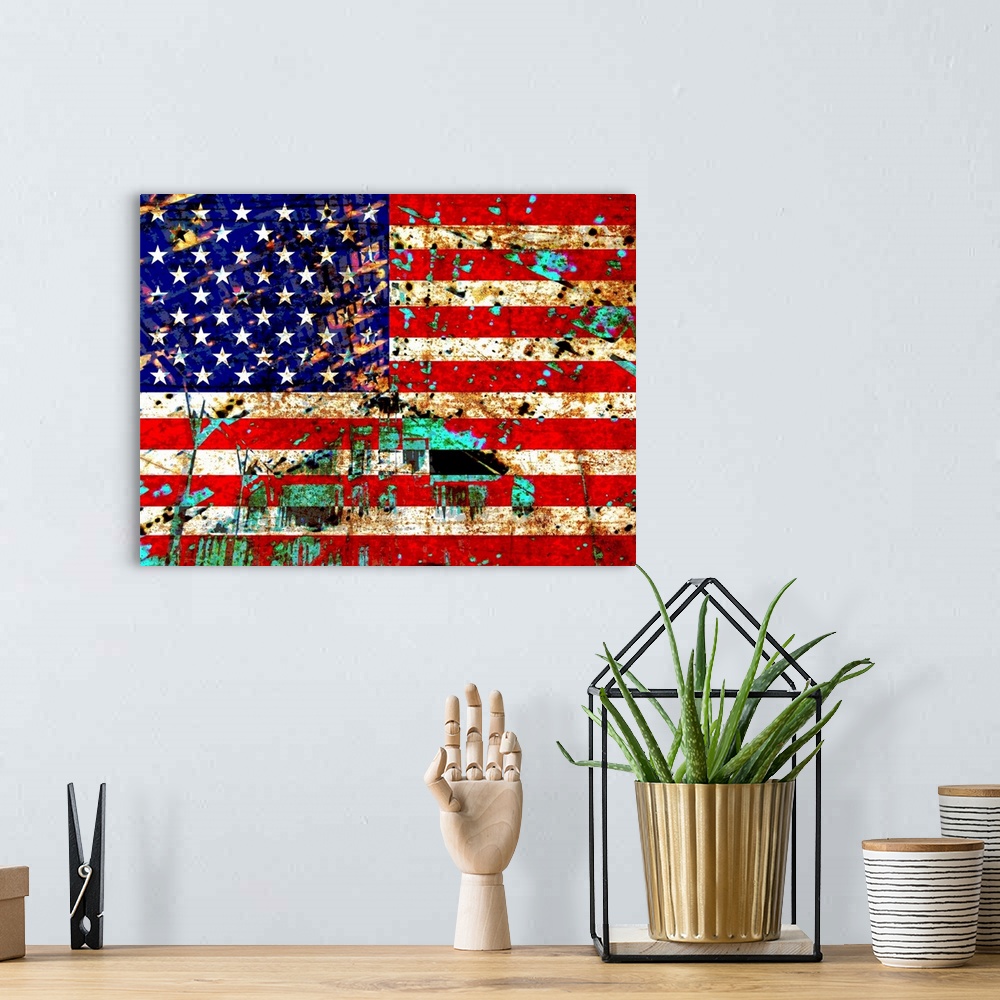 A bohemian room featuring A torn and distressed american flag with an old barn and rust texture in the background.