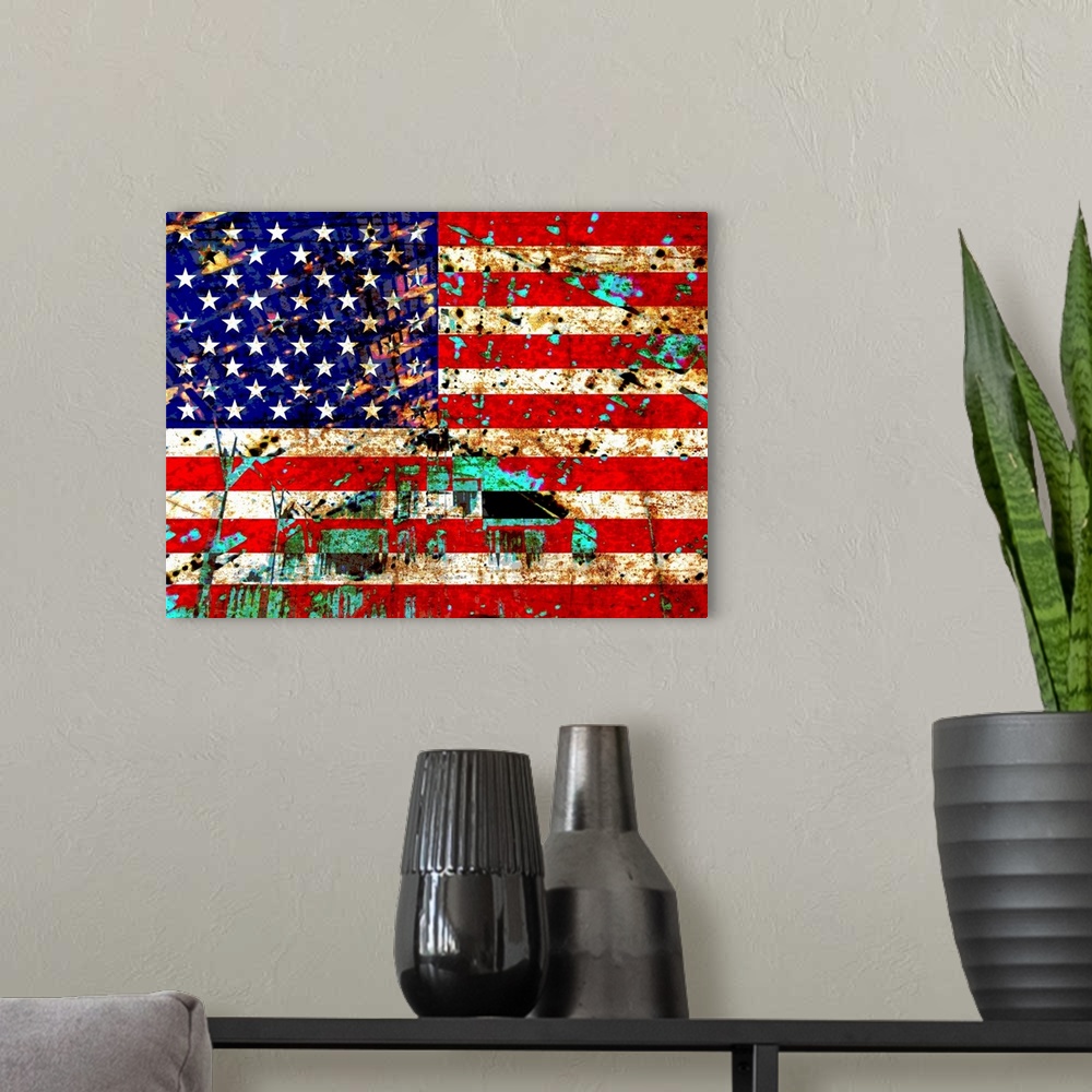 A modern room featuring A torn and distressed american flag with an old barn and rust texture in the background.