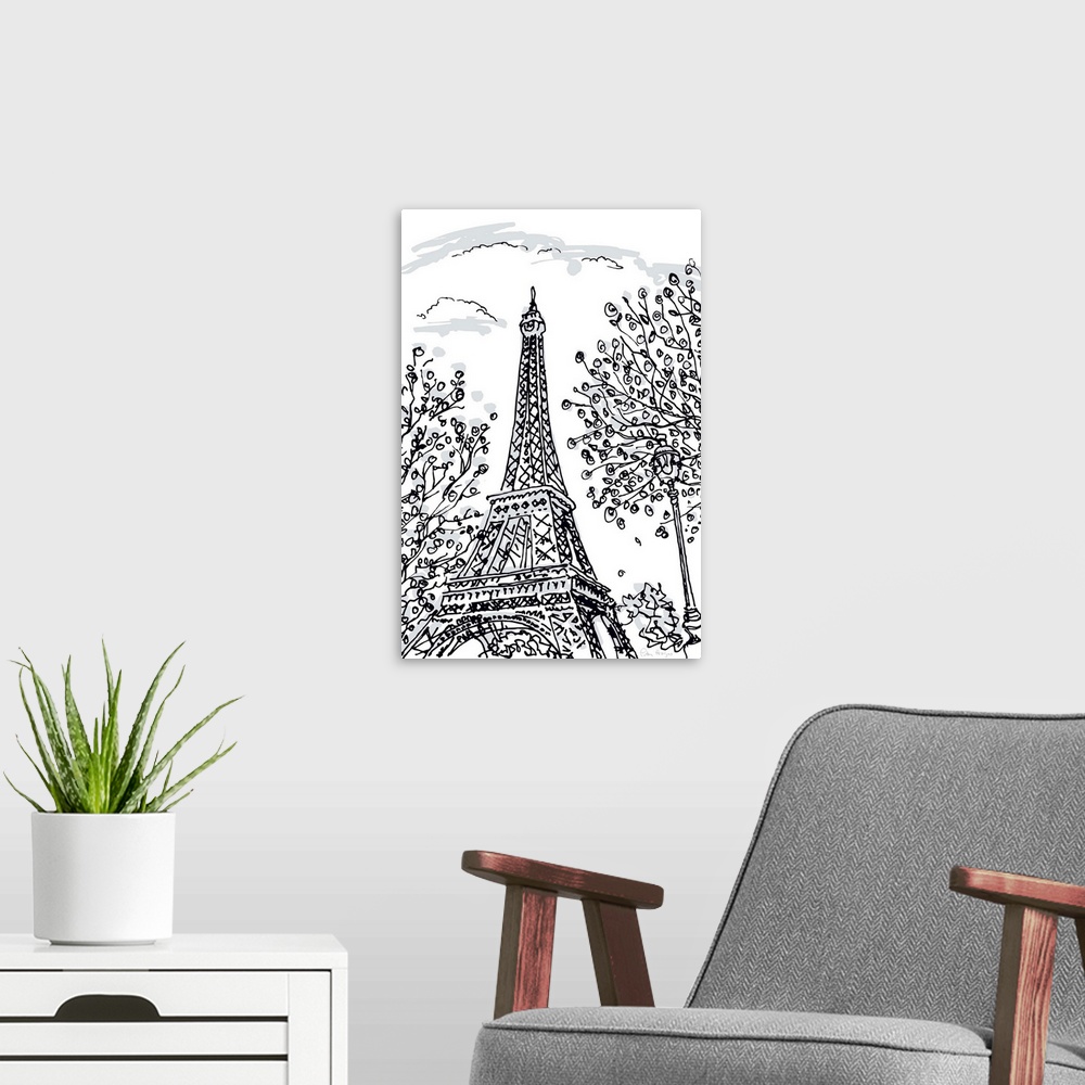A modern room featuring Pen and ink Illustration of the Eiffel Tower with spring trees.