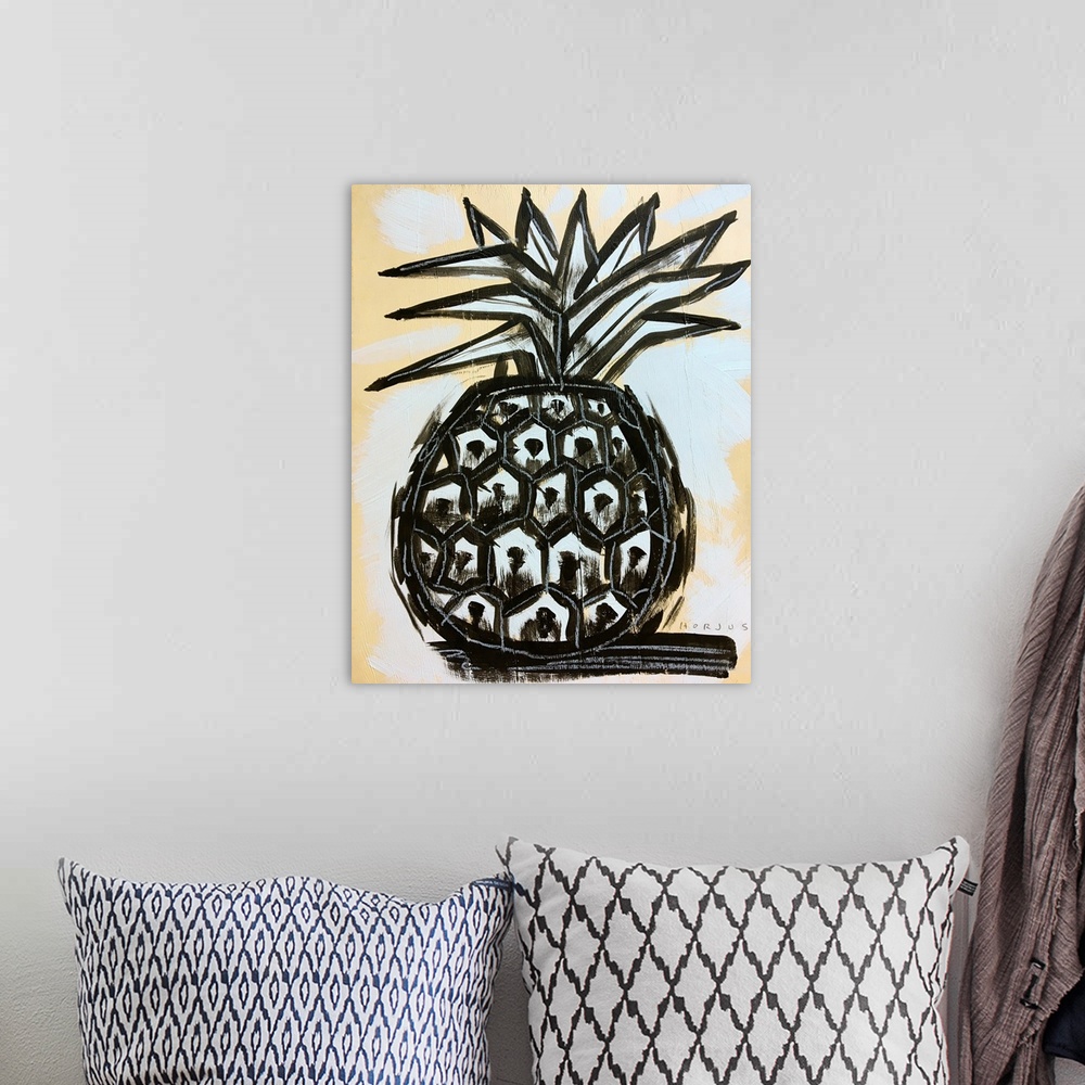 A bohemian room featuring Pineapple painted in a simple graphic brush strokes, in black and white, on light background.
