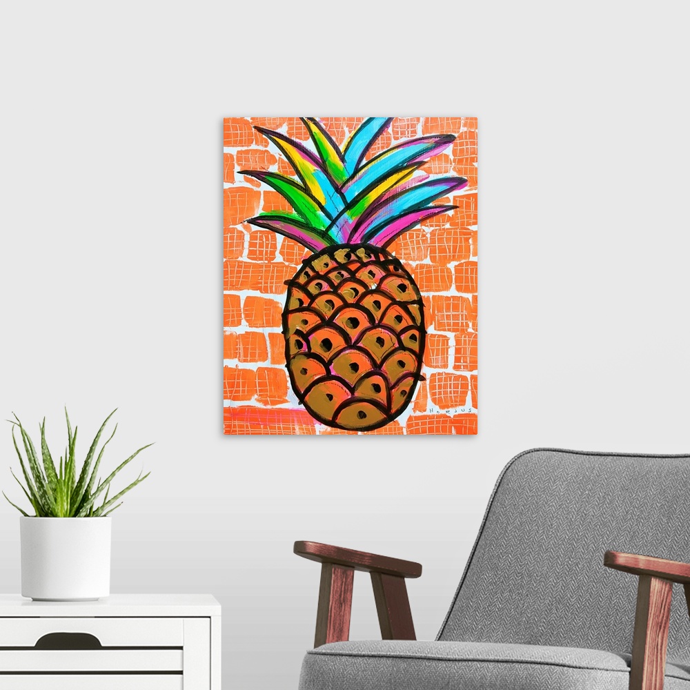 A modern room featuring Pineapple painted gold and black with a rainbow burst of colors on the leaves on an orange backgr...