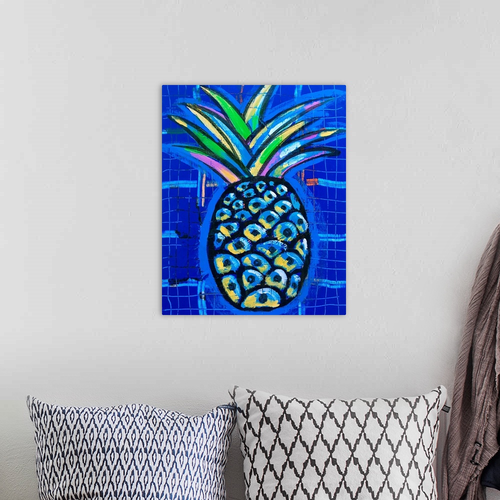 A bohemian room featuring Pineapple painted in vibrant multi-colors on a midnight blue background.