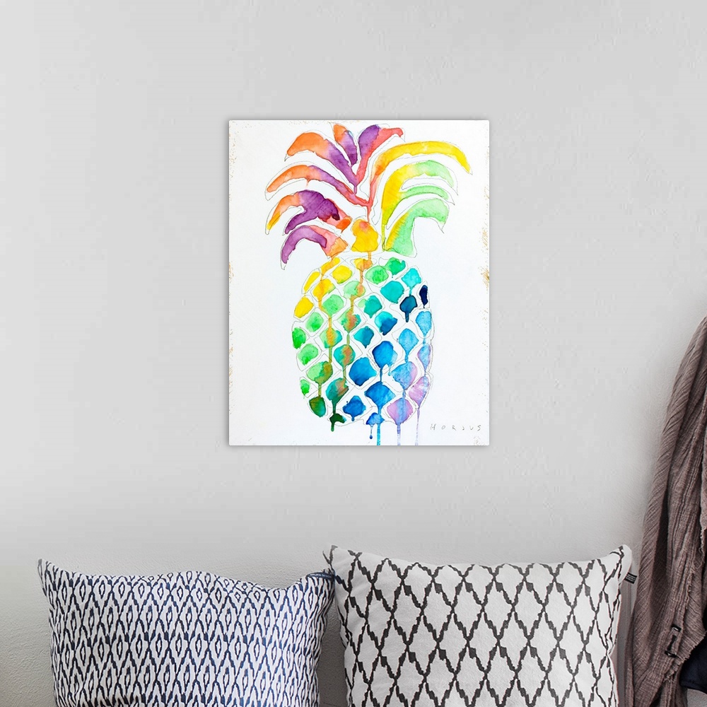 A bohemian room featuring Pineapple with drippy watercolor rainbow colors and patterns on its body and leaves.