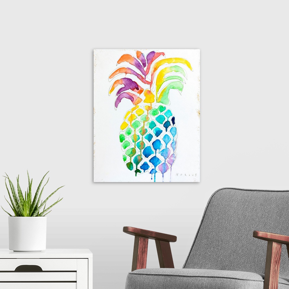 A modern room featuring Pineapple with drippy watercolor rainbow colors and patterns on its body and leaves.