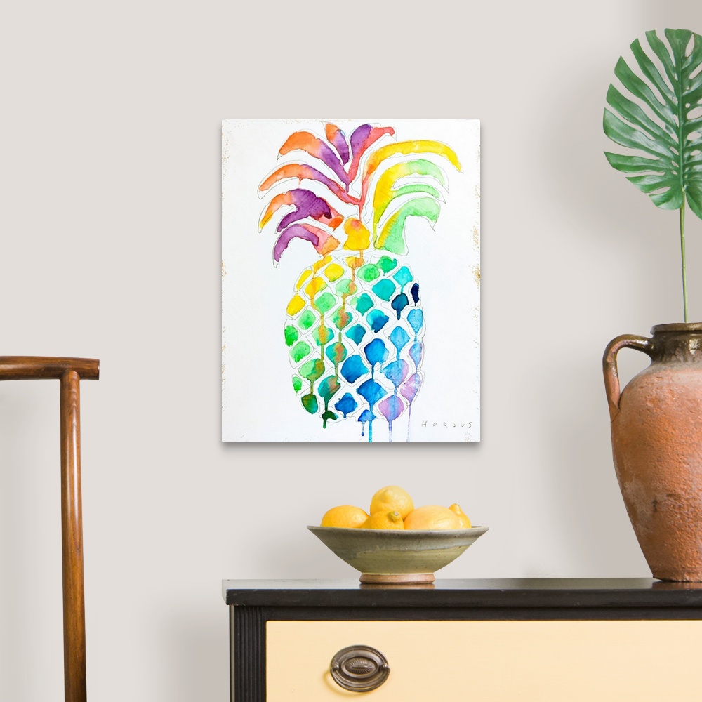 A traditional room featuring Pineapple with drippy watercolor rainbow colors and patterns on its body and leaves.