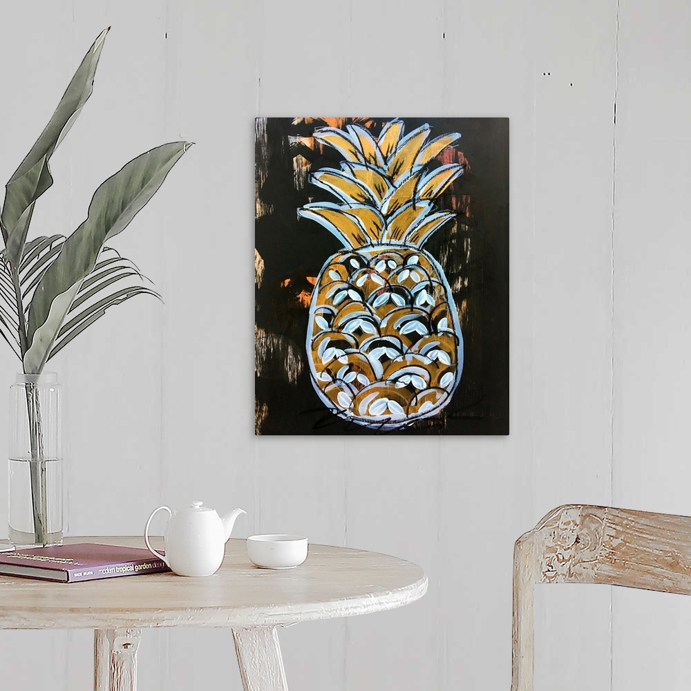 A farmhouse room featuring Pineapple painted in an expressionistic style, in white and gold, on a black brushed background.