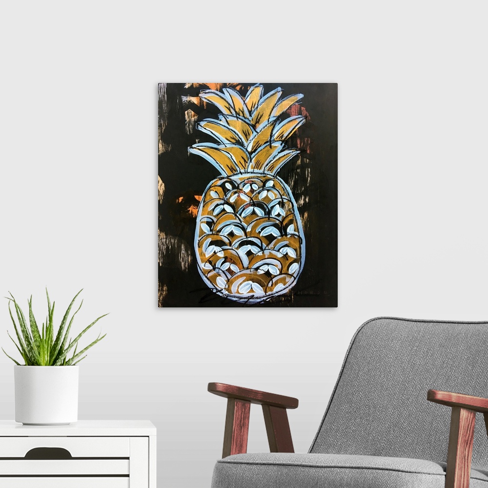 A modern room featuring Pineapple painted in an expressionistic style, in white and gold, on a black brushed background.