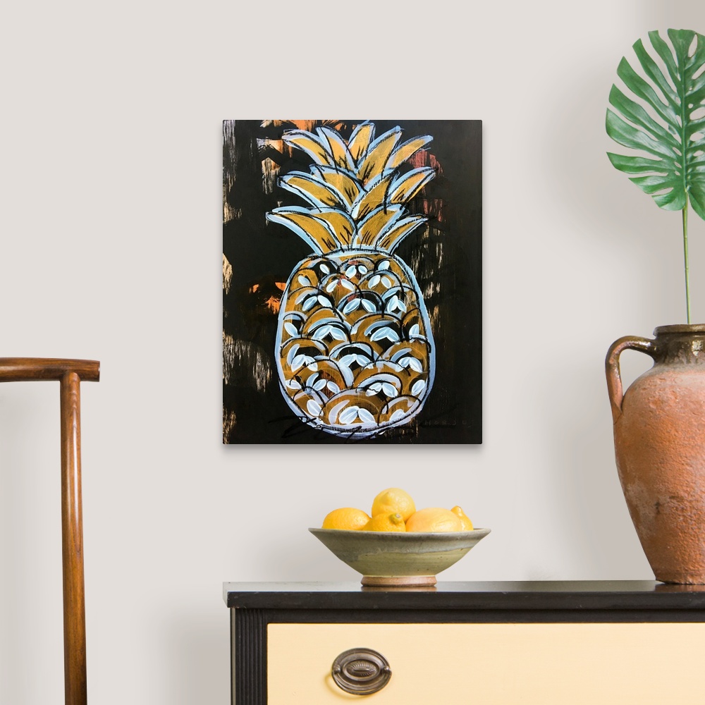 A traditional room featuring Pineapple painted in an expressionistic style, in white and gold, on a black brushed background.