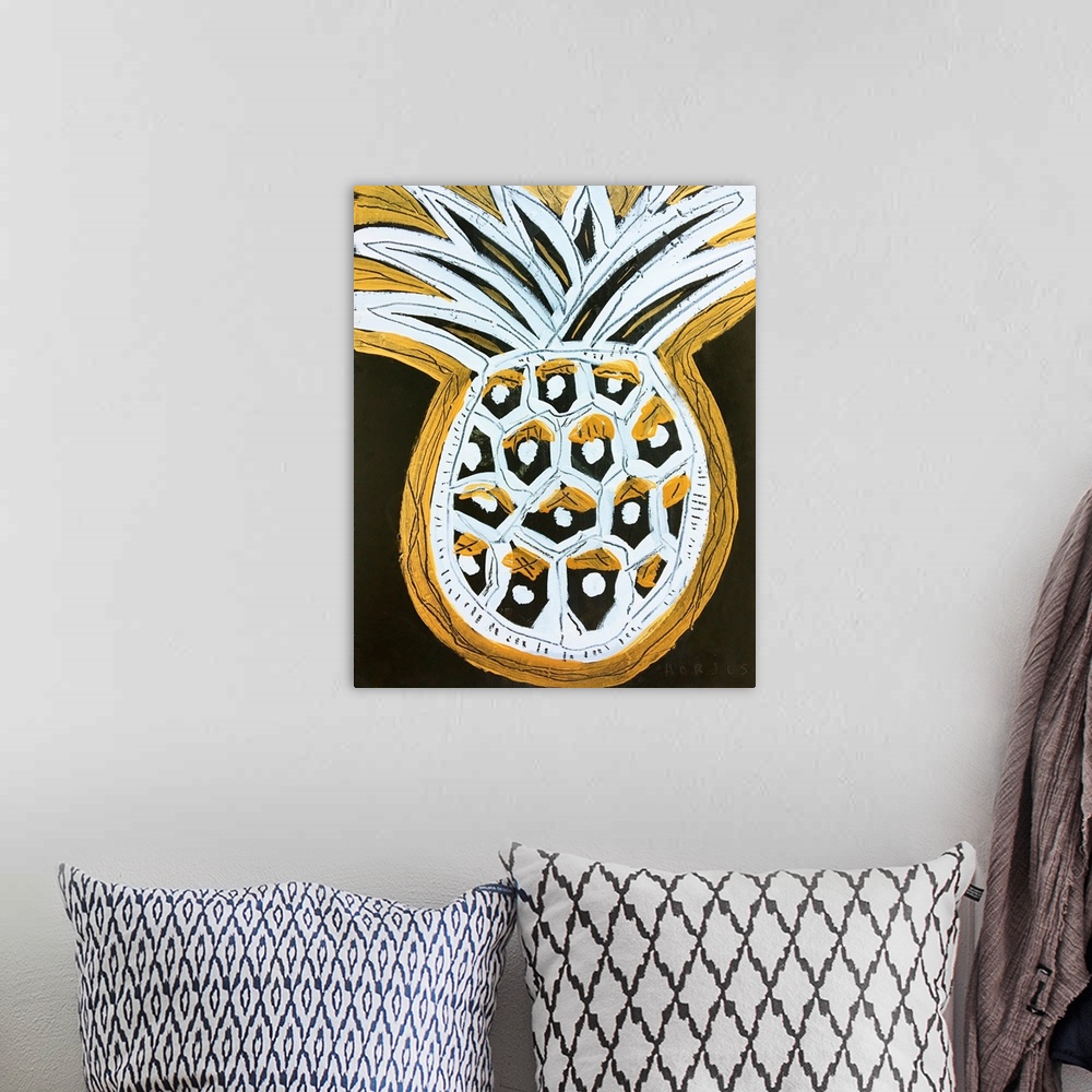 A bohemian room featuring Pineapple painted in an expressionistic style, in white and gold, on a black brushed background.