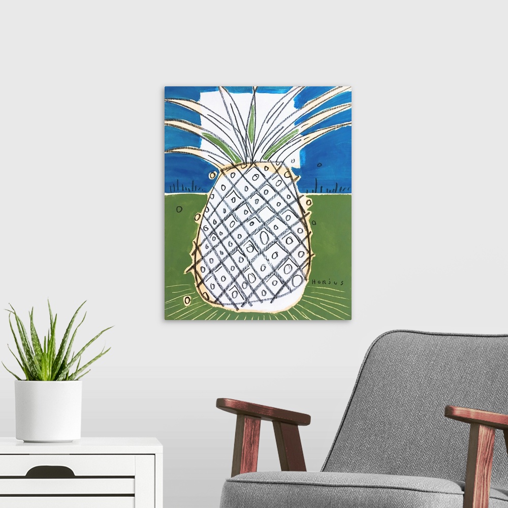 A modern room featuring Pineapple drawn with black grease pencil on a blue and green background.