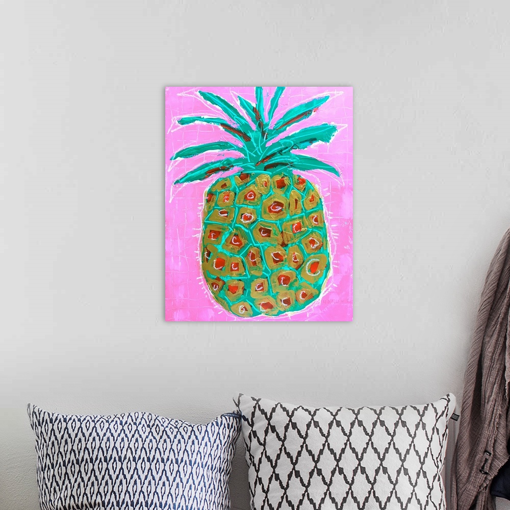 A bohemian room featuring Pineapple painted in bright watercolor colors on a bright pink background.