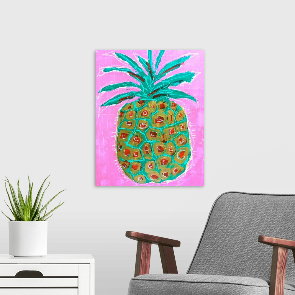 A modern room featuring Pineapple painted in bright watercolor colors on a bright pink background.