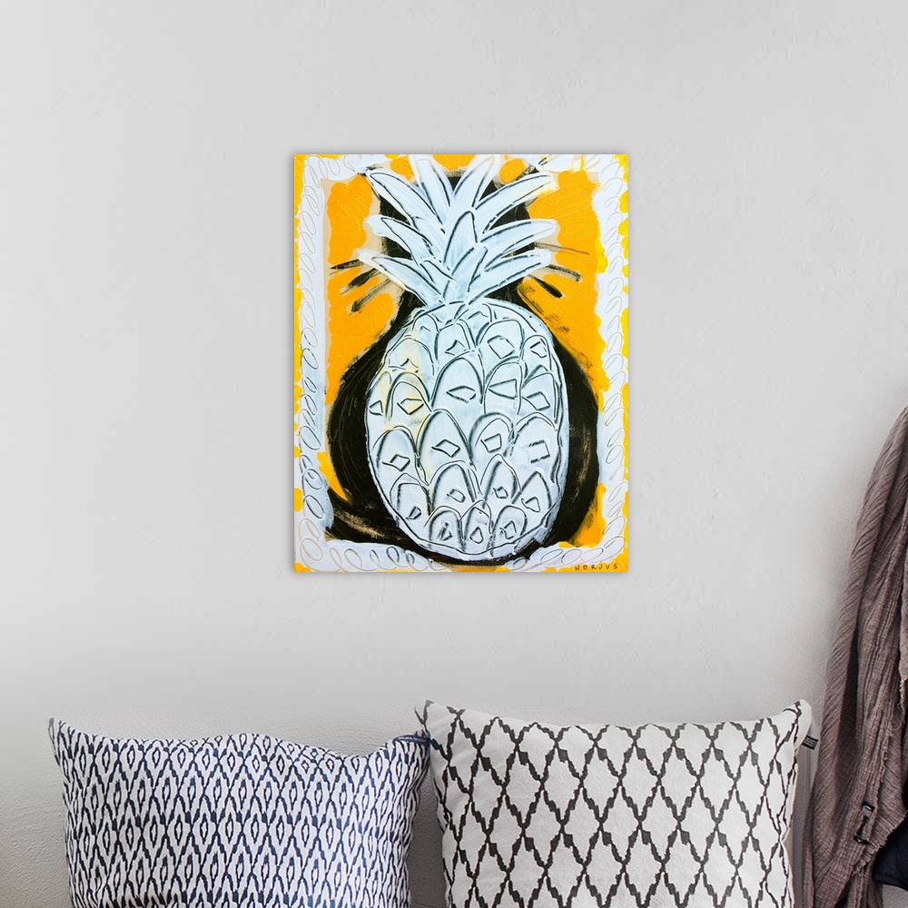 A bohemian room featuring Pineapple painted white for its body and leaves on a yellow graphic background.