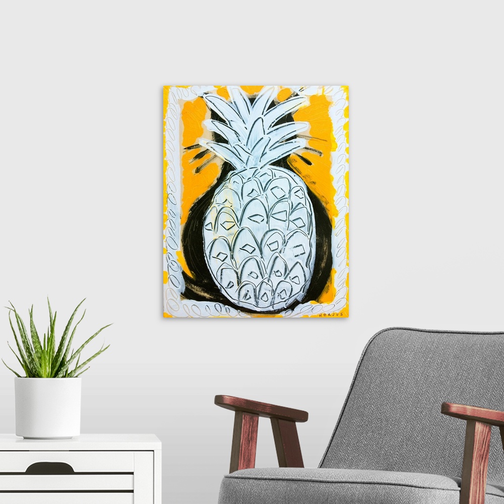 A modern room featuring Pineapple painted white for its body and leaves on a yellow graphic background.