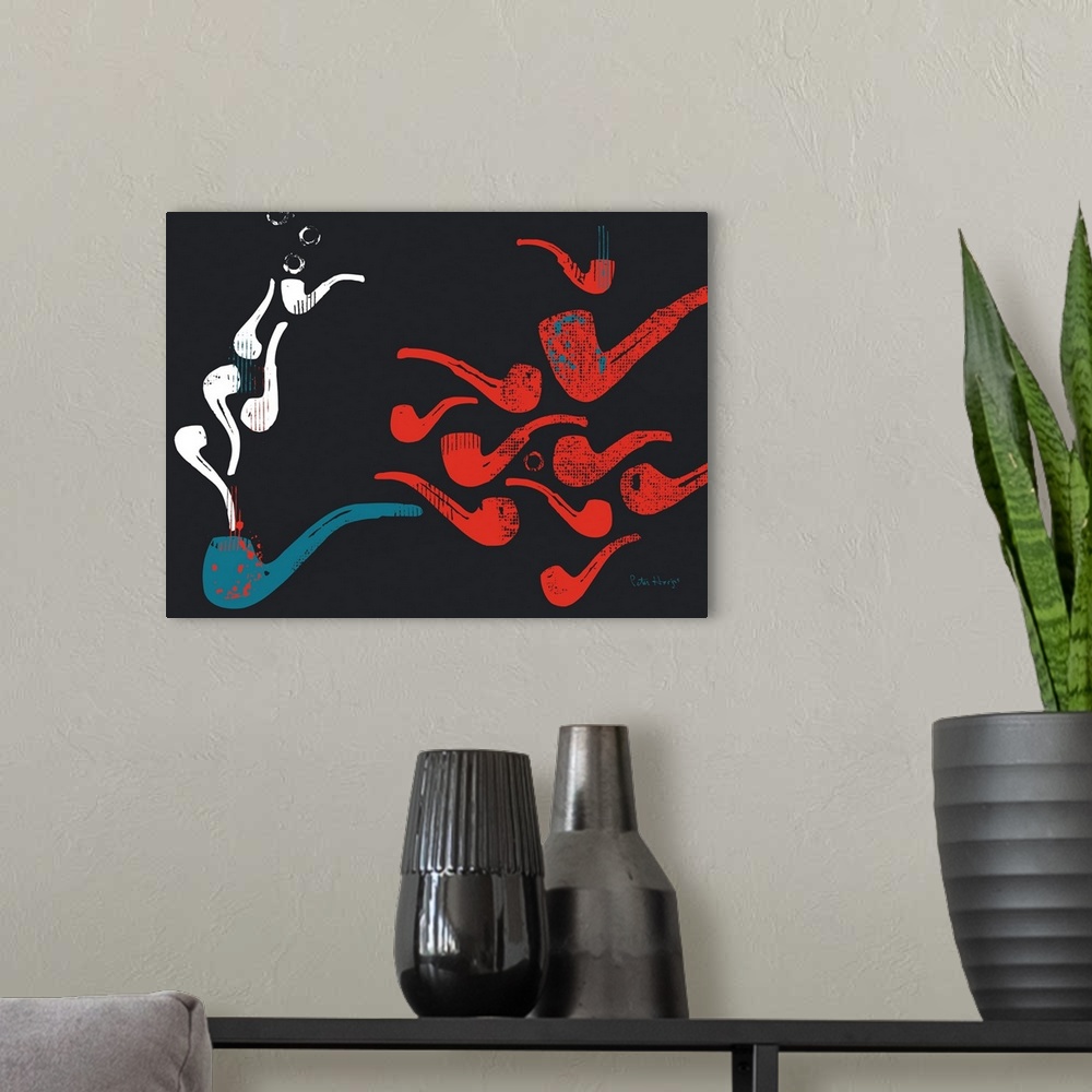 A modern room featuring Smoking pipes graphic art pattern in red, white and blue on black background.