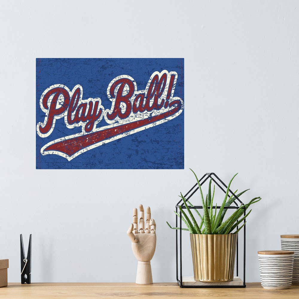 A bohemian room featuring Distressed retro logo image of a baseball logo with the words "Play Ball"